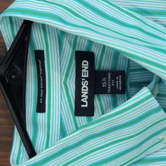 Lands' End Blue Stripe Supima No Iron Supima Pinpoint Short Sleeve Button Down - Picture 2 of 7
